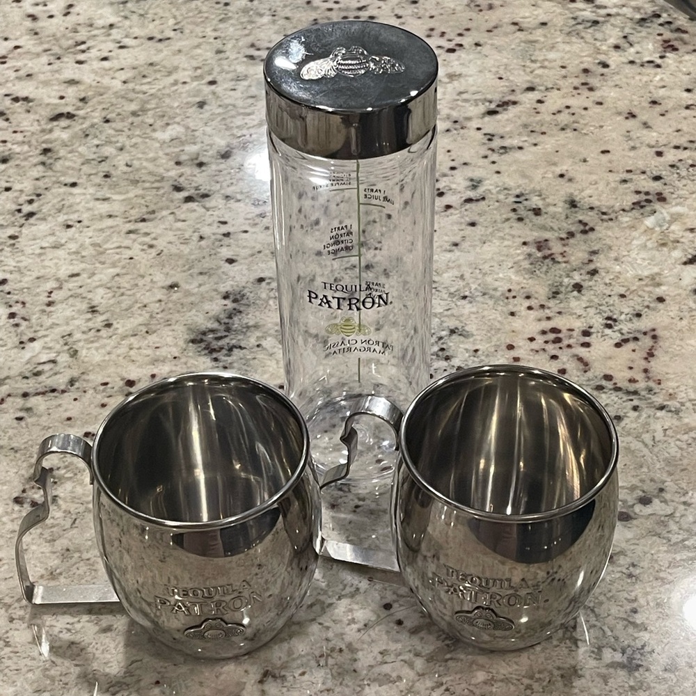 Patron Tequila Silver Mule Mugs and Cocktail Shaker